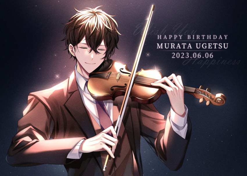 1boy black_hair closed_eyes closed_mouth formal given happy_birthday highres holding holding_instrument instrument male_focus murata_ugetsu music necktie pinoli_(pinoli66) playing_instrument solo suit upper_body violin