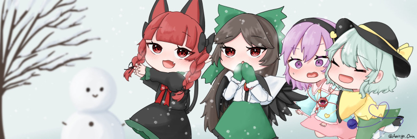 4girls :d adapted_costume animal_ears ao_orin_ringo arms_up bare_tree black_dress black_hair blue_shirt blunt_bangs blush braid cat_ears cat_tail chibi commentary_request dress extra_ears fang green_hair green_skirt hands_up happy heart heart_of_string highres hug kaenbyou_rin komeiji_koishi komeiji_satori long_hair mittens multiple_girls multiple_tails nekomata open_mouth pink_skirt pointy_ears purple_hair red_eyes redhead reiuji_utsuho shirt siblings sisters skin_fang skirt smile snowing snowman tail third_eye touhou tree twin_braids two_tails very_long_hair violet_eyes winter winter_clothes yellow_shirt