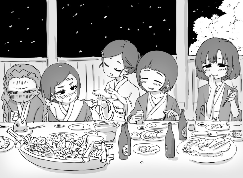 5girls =_= bath_yukata blunt_bangs blush cup drunk eating girls_be_next_step_(idolmaster) greyscale holding holding_cup idolmaster idolmaster_cinderella_girls japanese_clothes kimono looking_at_another matsuo_chizuru monochrome multiple_girls night nishino_hikoji okazaki_yasuha pouring_onto_another seki_hiromi shiragiku_hotaru short_hair shuto_aoi smile sweatdrop swept_bangs tokkuri upper_body yukata