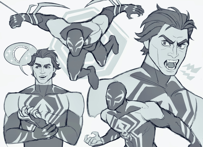1boy bodysuit cheekbones claws collarbone constricted_pupils eis_(eiseisbb) fangs fingernails food greyscale hair_slicked_back hexagon highres lightning_bolt_symbol looking_at_viewer male_focus marvel mask miguel_o'hara monochrome multiple_views muscular muscular_male open_mouth sharp_fingernails sideways_glance simple_background skin_tight smile sparkle spider-man:_across_the_spider-verse spider-man_(2099) spider-man_(series) spoken_food wide-eyed