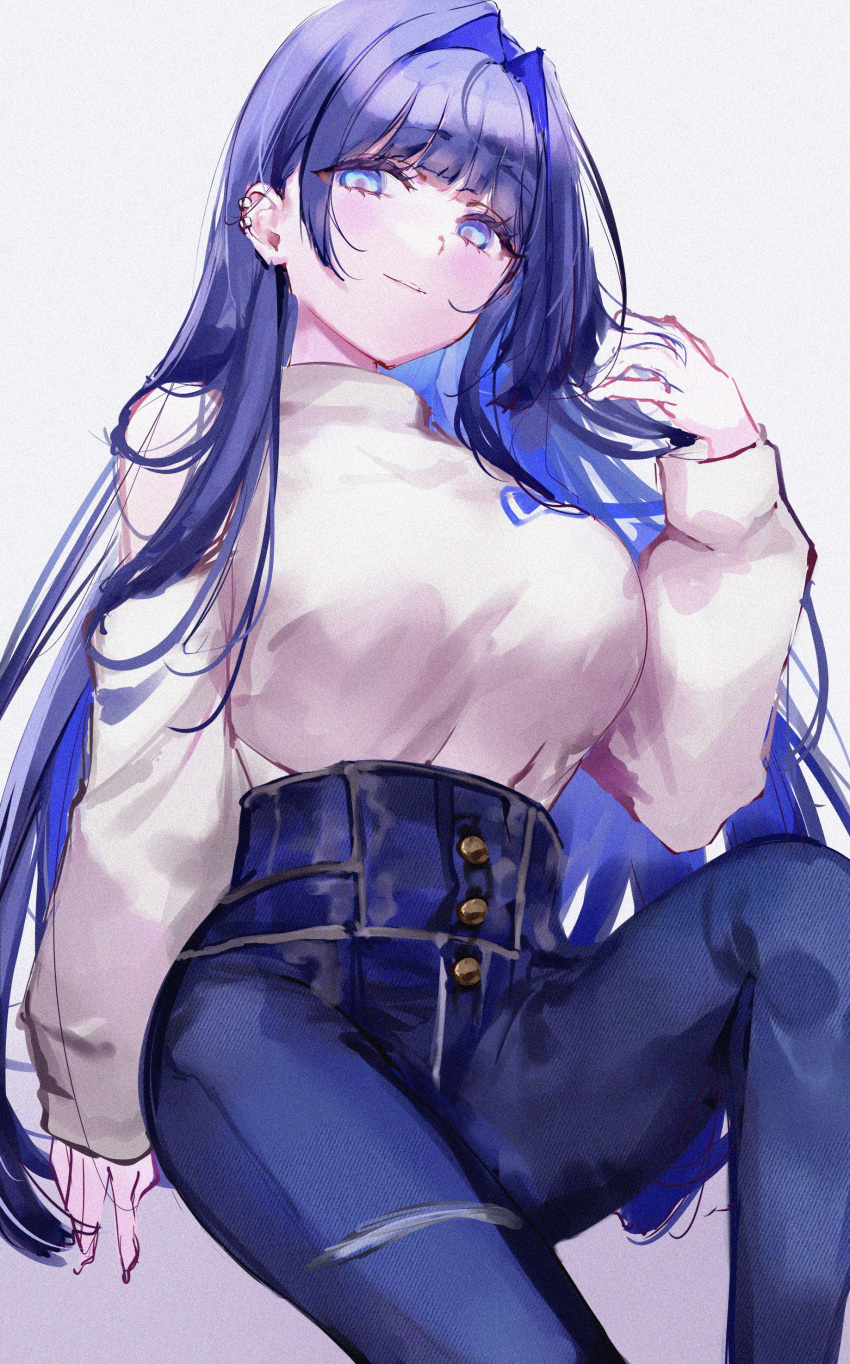 1girl absurdres bare_shoulders blue_eyes blue_hair blue_pants blunt_bangs blush breasts clothing_cutout colored_inner_hair denim detached_sleeves ear_piercing hair_intakes hand_in_own_hair high-waist_pants highres hololive hololive_english jeans jewelry large_breasts long_hair long_sleeves looking_at_viewer mile_(off8mile) multicolored_hair official_alternate_costume ouro_kronii ouro_kronii_(3rd_costume) pants piercing shirt shoulder_cutout shoulder_strap simple_background sitting solo very_long_hair virtual_youtuber white_background white_shirt