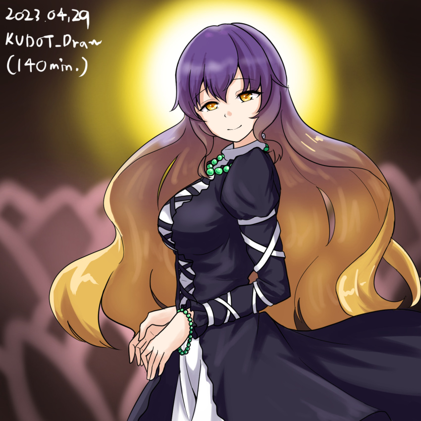 1girl bead_necklace beads blonde_hair breasts dated dress flower highres hijiri_byakuren jewelry ldschem16 long_hair long_sleeves looking_at_viewer lotus multicolored_hair necklace one-hour_drawing_challenge purple_hair smile solo touhou two-tone_hair wavy_hair white_dress
