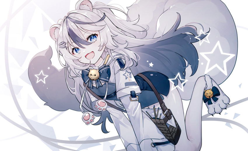 1girl :d absurdres animal_ear_fluff animal_ears bag bell blue_bow blue_bowtie blue_dress blue_eyes bow bowtie chico_(vtuber) colored_inner_hair commentary dress grey_hair highres indie_virtual_youtuber jumping large_tail long_hair long_sleeves looking_at_viewer miyu_(miy_u1308) multicolored_hair neck_bell open_mouth shoulder_bag simple_background smile solo star_(symbol) streaked_hair tail virtual_youtuber white_background white_sleeves
