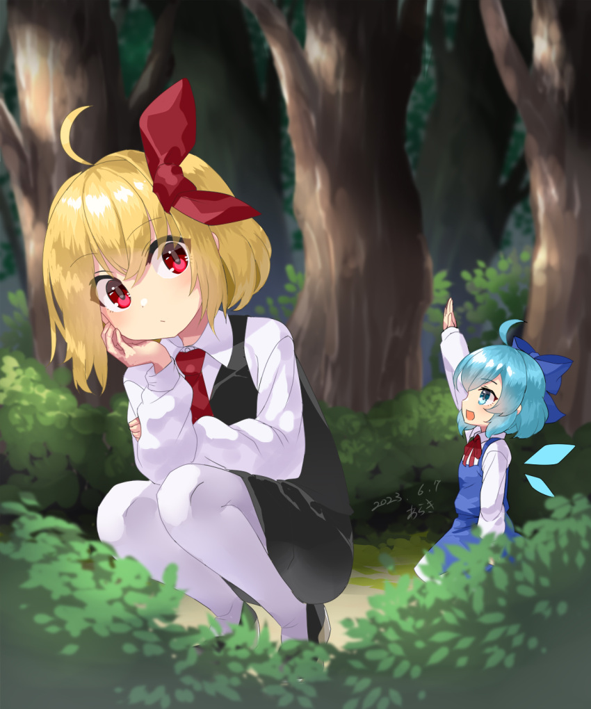 2girls ahoge araki_(qbthgry) arm_up artist_name black_footwear black_skirt black_vest blonde_hair blue_bow blue_dress blue_eyes blue_hair blush bow cirno closed_mouth collared_shirt dated detached_wings dress fairy forest hair_between_eyes hair_bow hair_ribbon highres ice ice_wings long_sleeves multiple_girls nature necktie open_mouth outdoors pantyhose pinafore_dress red_eyes red_necktie red_ribbon ribbon rumia shirt shoes short_hair signature skirt sleeveless sleeveless_dress smile touhou tree vest white_pantyhose white_shirt wings