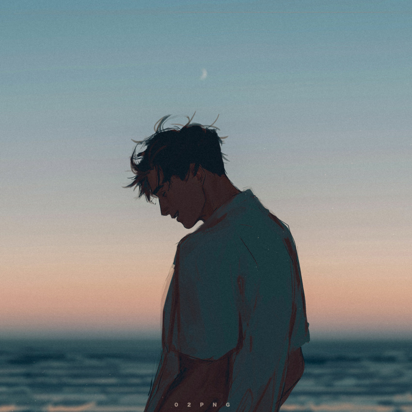 02png 1boy closed_eyes crescent_moon dc_comics dusk highres jason_todd messy_hair moon ocean parted_lips shirt solo white_shirt
