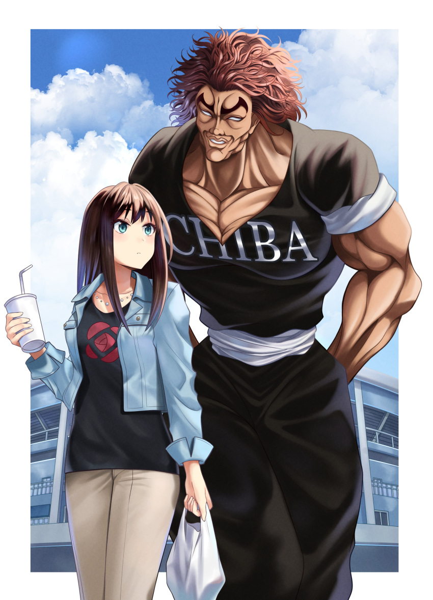 1boy 1girl absurdres bag baseball_stadium black_pants black_shirt blank_eyes blue_jacket blue_sky blush bow breasts brown_hair brown_pants closed_mouth clouds collarbone crossover cup day disposable_cup dot_nose drinking_straw floral_print grappler_baki green_eyes grin hand_up hands_in_pockets hanma_yuujirou highres holding holding_bag holding_cup idolmaster idolmaster_cinderella_girls idolmaster_cinderella_girls_starlight_stage jacket long_hair looking_at_another looking_up medium_breasts messy_hair muscular muscular_male open_clothes open_jacket outdoors pants plastic_bag print_shirt redhead shibuya_rin shirt short_hair sky smile waist_bow white_bow z.nov