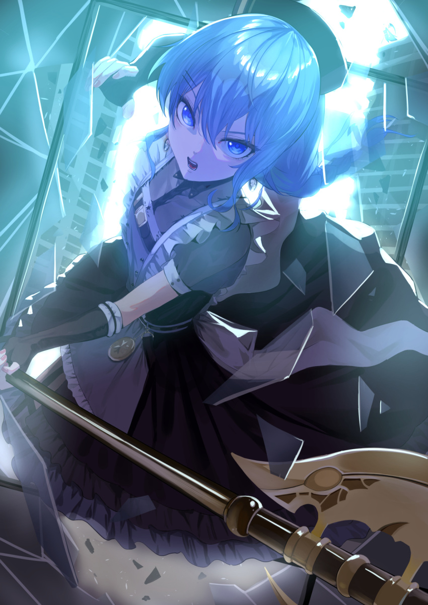 1girl angry apron bardiche_(weapon) black_dress black_gloves black_headwear blue_eyes blue_hair braid breaking buttons chest_belt collared_dress crinoline determined double-breasted dress elbow_gloves fingerless_gloves flat_chest gloves grey_apron hair_between_eyes hair_ornament hairclip hat highres holding holding_weapon hololive hoshimachi_suisei hoshimachi_suisei_(6th_costume) jumping long_hair maid nurse_cap official_alternate_costume official_alternate_hairstyle puffy_short_sleeves puffy_sleeves see-through see-through_sleeves short_sleeves side_braid side_slit sidelocks single_braid solo star_(symbol) star_in_eye symbol_in_eye v-shaped_eyebrows virtual_youtuber weapon yellow_takano