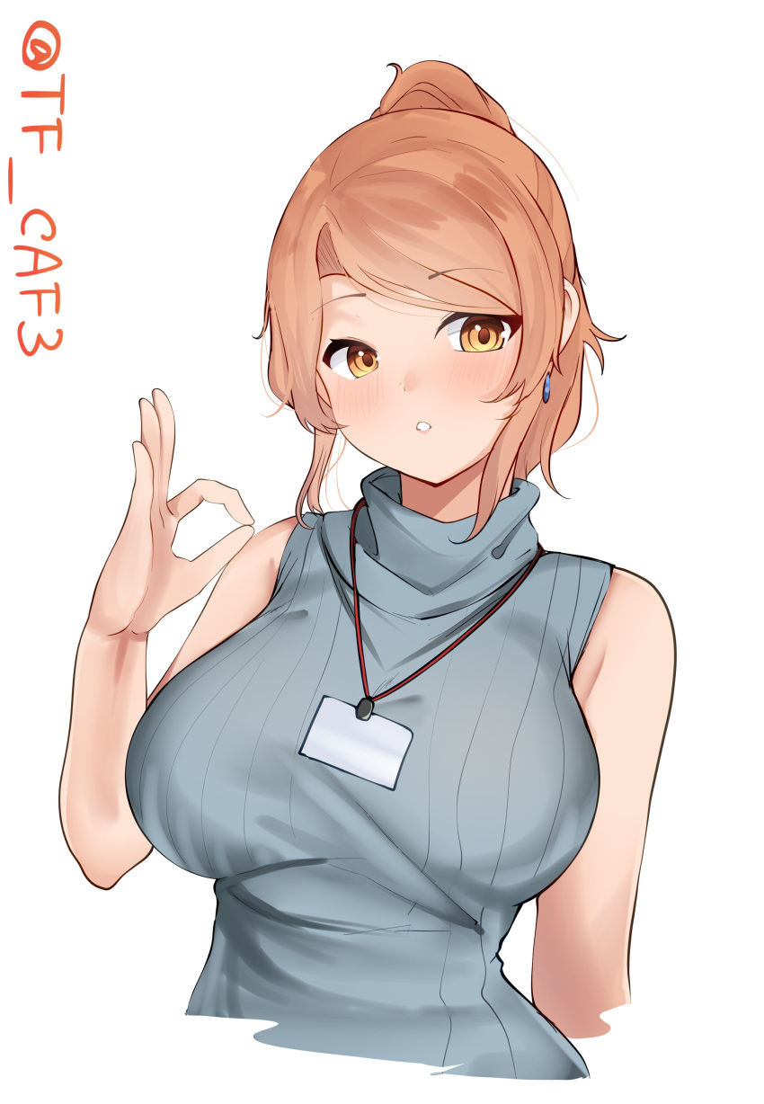 1girl absurdres alternate_costume aquila_(kancolle) breasts cropped_torso grey_sweater high_ponytail highres id_card kantai_collection lanyard large_breasts long_hair ok_sign orange_eyes orange_hair parted_lips sleeveless sleeveless_sweater solo striped striped_sweater sweater tf_cafe twitter_username upper_body wavy_hair