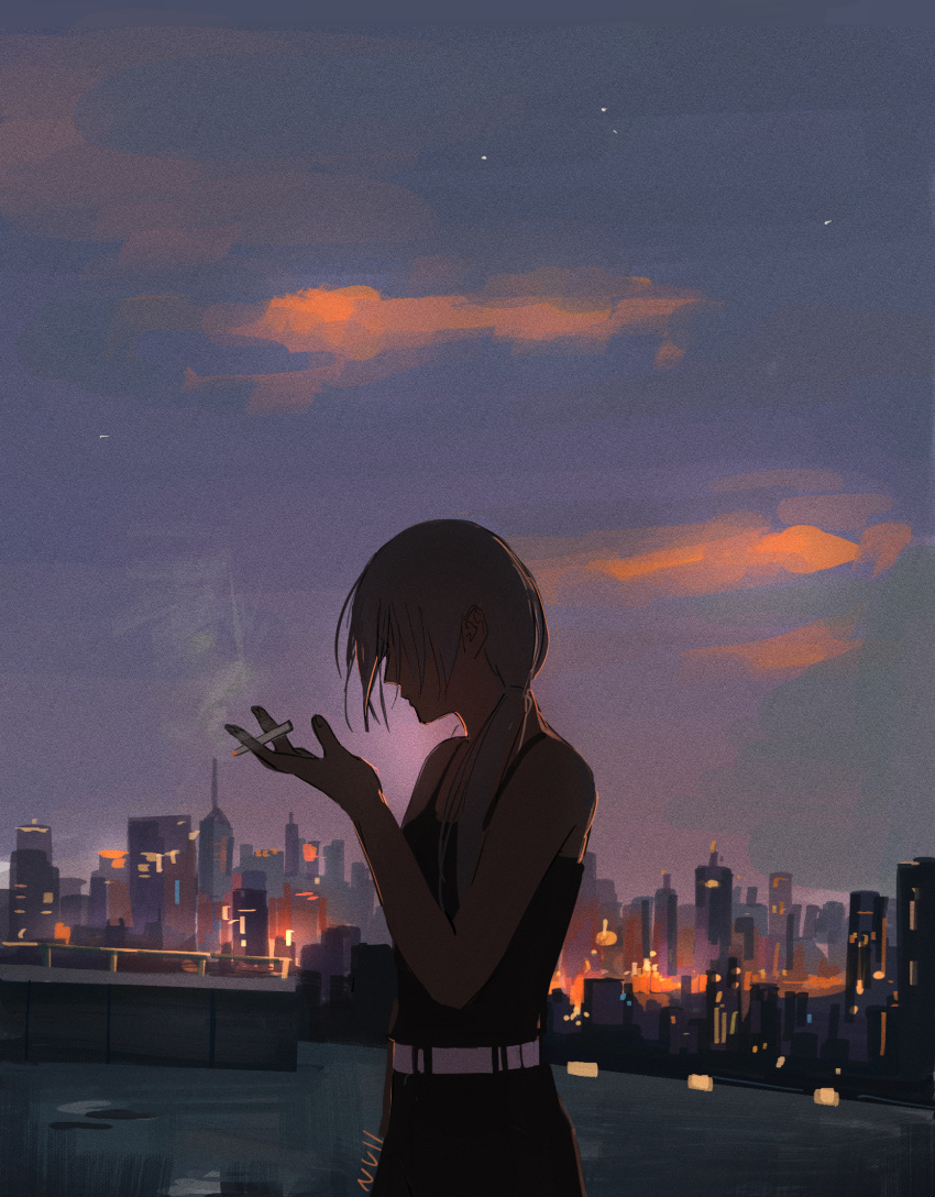1girl chainsaw_man city city_lights cityscape evening highres low_ponytail null_(skev7724) quanxi_(chainsaw_man) smoking solo tank_top tobacco white_hair