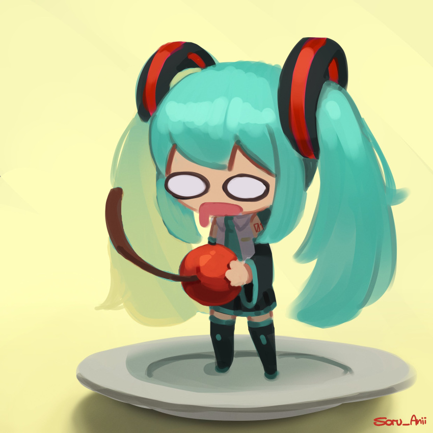 1girl absurdres aqua_hair aqua_necktie artist_name bare_shoulders cherry chibi collared_shirt commentary english_commentary food fruit full_body grey_shirt hatsune_miku highres long_hair necktie open_mouth oversized_food plate shirt shoulder_tattoo simple_background skirt sleeveless sleeveless_shirt solid_circle_eyes solo soru standing tattoo thigh-highs twintails very_long_hair vocaloid yellow_background