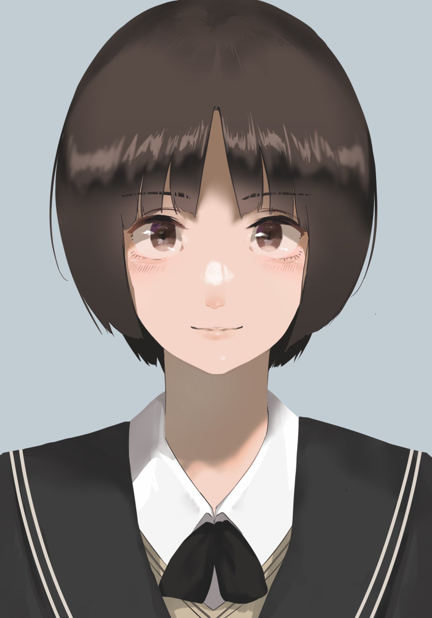 1girl amagami black_bow black_bowtie black_cardigan black_sailor_collar blue_background blush bob_cut bow bowtie brown_eyes brown_hair brown_sweater_vest cardigan cchicken4256 close-up closed_mouth commentary dress_shirt hair_strand highres kibito_high_school_uniform light_blush light_smile lips looking_at_viewer portrait sailor_collar school_uniform shirt short_hair simple_background smile solo straight-on sweater_vest tachibana_miya upturned_eyes white_shirt