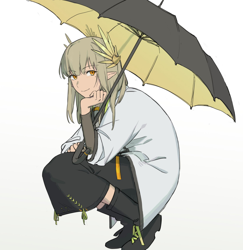 1girl arknights black_footwear black_skirt brown_shirt closed_mouth coat full_body green_hair head_rest highres holding holding_umbrella lab_coat laurel_crown long_hair long_sleeves looking_at_viewer mewelvewelsel mole mole_under_eye muelsyse_(arknights) pointy_ears shirt sidelocks simple_background skirt solo squatting umbrella white_background white_coat yellow_eyes