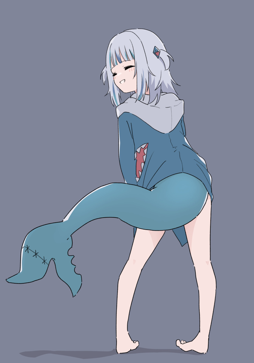 1girl absurdres barefoot blue_hair blue_hoodie blush closed_eyes fins fish_tail from_behind full_body gawr_gura grey_background grey_hair grin hair_ornament highres hololive hololive_english hood hood_down hoodie leaning_forward long_hair lyrinne shark_hair_ornament shark_tail simple_background smile solo standing tail teeth