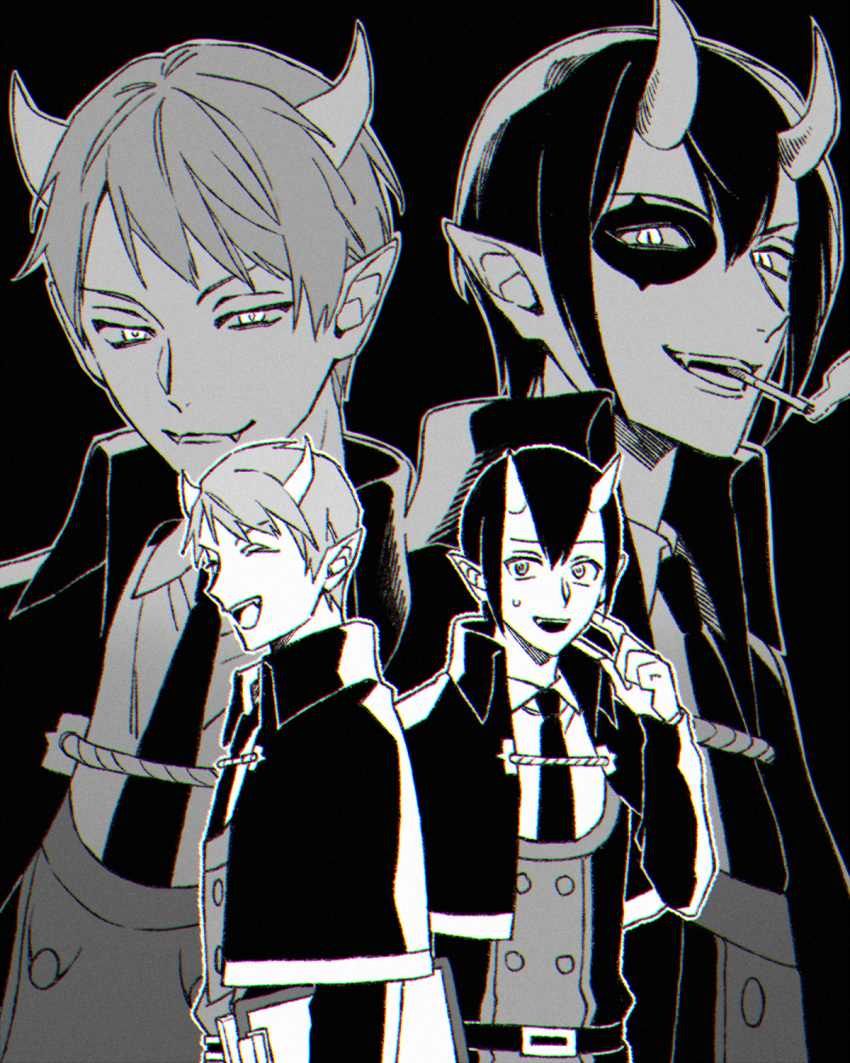 2boys :d ^_^ belt black_background buttons capelet cigarette clipboard closed_eyes coat collared_capelet collared_shirt dantalion_dali demon_boy demon_horns domino_mask double-breasted double-parted_bangs facing_to_the_side fangs from_side greyscale hair_between_eyes half-closed_eyes half_mask highres holding holding_clipboard horns ifrit_djinn_eito looking_at_viewer mairimashita!_iruma-kun mask monochrome multiple_boys multiple_views necktie nervous_smile oni_horns pointy_ears projected_inset raurii scratching_cheek shirt short_hair simple_background slit_pupils smile smoke smoking sweatdrop teeth uniform upper_body upper_teeth_only