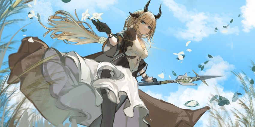 1girl absurdres arknights black_gloves black_jacket blonde_hair blue_eyes clouds commentary dragon_girl dragon_horns dress dutch_angle feet_out_of_frame flower gloves highres holding holding_flower holding_polearm holding_weapon horns jacket long_hair looking_at_viewer off_shoulder official_alternate_costume parted_lips petals plant polearm reed_(arknights) reed_the_flame_shadow_(arknights) shijiubashuazi sidelocks single_glove sky solo weapon white_dress white_flower wide_sleeves