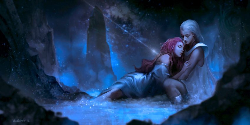 2girls artist_name bare_arms bare_shoulders closed_eyes diana_(league_of_legends) facial_mark facing_another forehead_mark grey_hair highres league_of_legends leona_(league_of_legends) long_hair mountain multiple_girls night outdoors redhead scar scar_across_eye sitting wanda_(wandakun) water