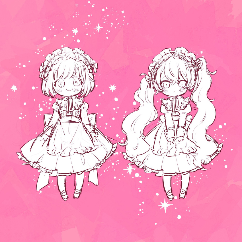 25-ji_miku 2girls :o blunt_bangs blush bob_cut bow bowtie bright_pupils buttons center_frills chibi circle closed_mouth commentary dress expressionless frilled_dress frills full_body hair_between_eyes hair_bow hatsune_miku highres juliet_sleeves lineart loafers long_hair long_sleeves looking_at_viewer maid maid_headdress monochrome multiple_girls neck_ribbon ootori_emu parted_lips pink_background pink_theme poppu_usagi project_sekai puffy_sleeves ribbon shoes short_hair sketch sleeve_cuffs smile sparkle star_(symbol) straight-on tareme twintails wavy_hair