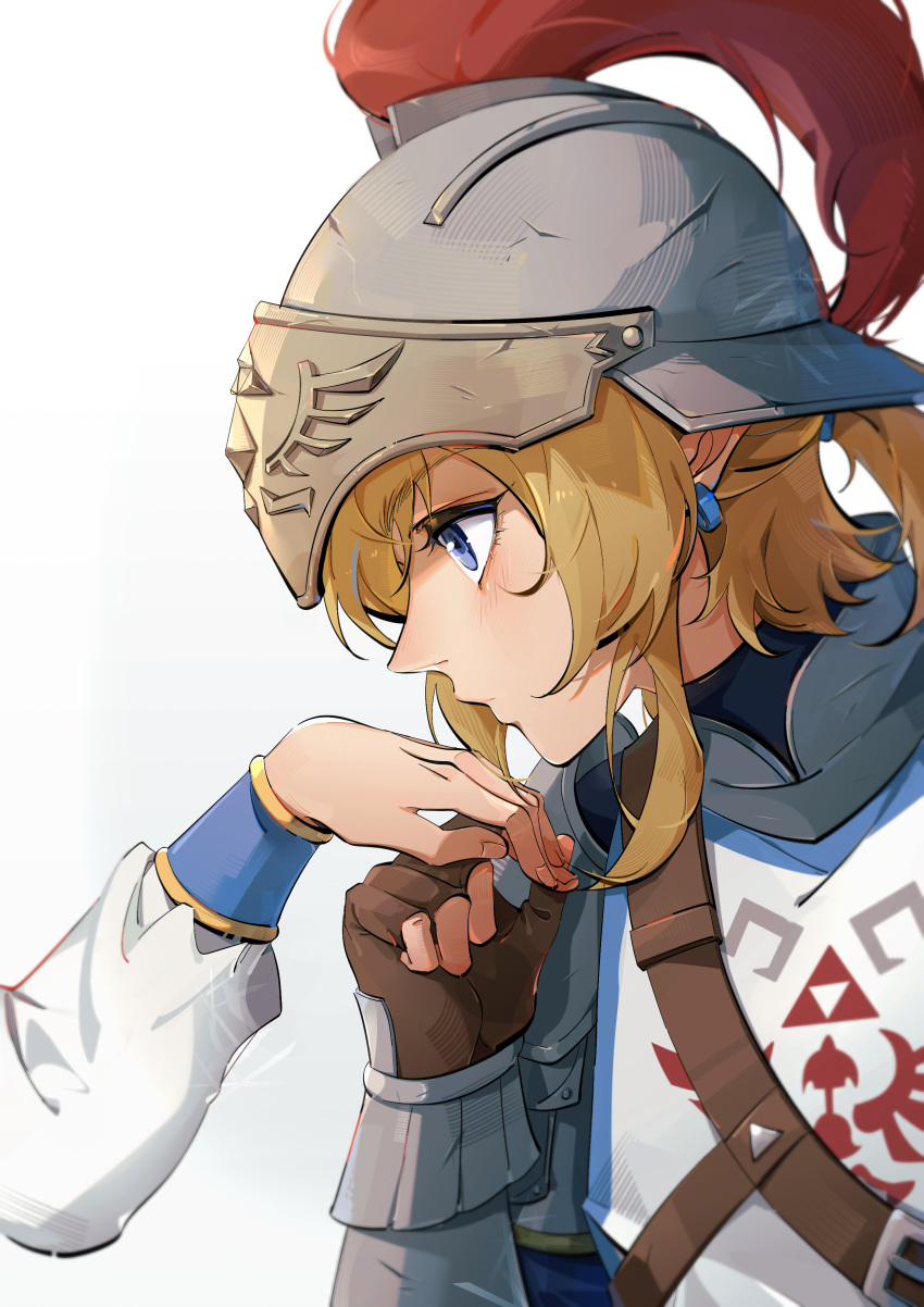 1boy 1girl absurdres arm_guards blonde_hair blue_eyes bow brown_gloves commentary_request earrings fingerless_gloves from_side gloves helmet highres holding_hands imminent_kiss jewelry kiss kissing_hand link looking_ahead momoju163 pointy_ears princess_zelda short_ponytail simple_background the_legend_of_zelda the_legend_of_zelda:_breath_of_the_wild