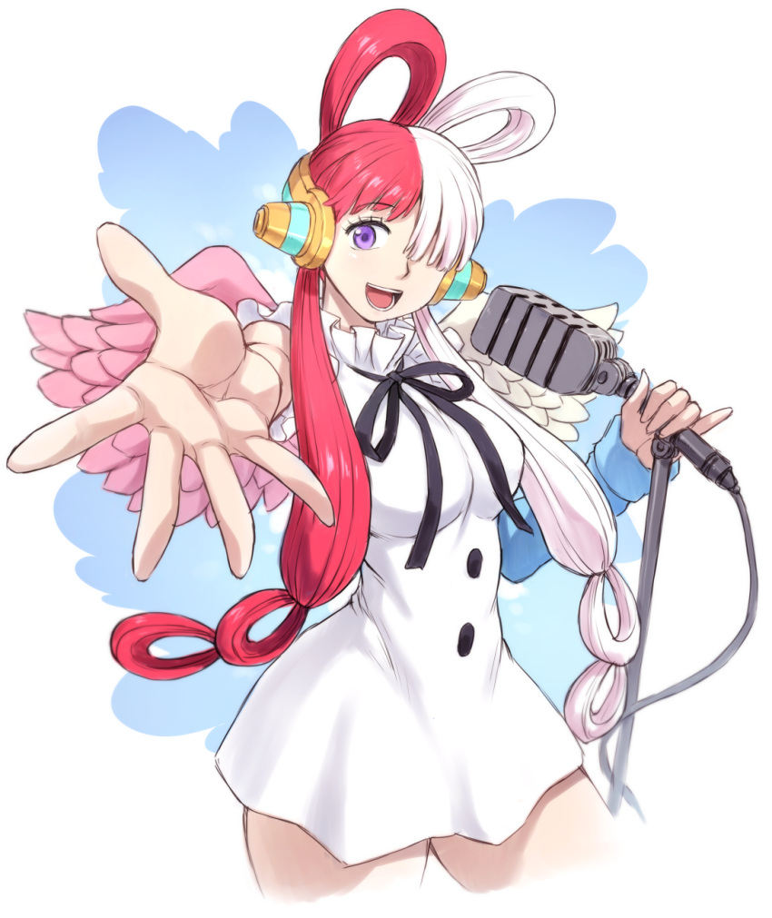 1girl 2023 black_ribbon breasts dress foreshortening headphones highres large_breasts long_hair looking_at_viewer microphone mogudan multicolored_hair one_piece outstretched_hand redhead ribbon simple_background smile solo two-tone_hair uta_(one_piece) violet_eyes white_dress white_hair wings