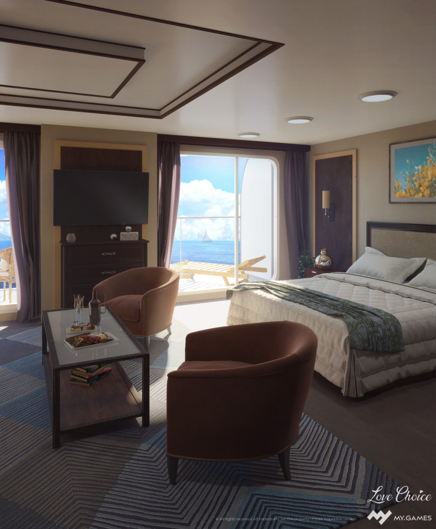 3d armchair bed bed_sheet bedroom blanket blue_sky book book_stack bottle carpet chair chest_of_drawers clouds cloudy_sky cup day drinking_glass food glass_door highres no_humans ocean open_door original plate scenery shadow shore sky surafin television wine_bottle