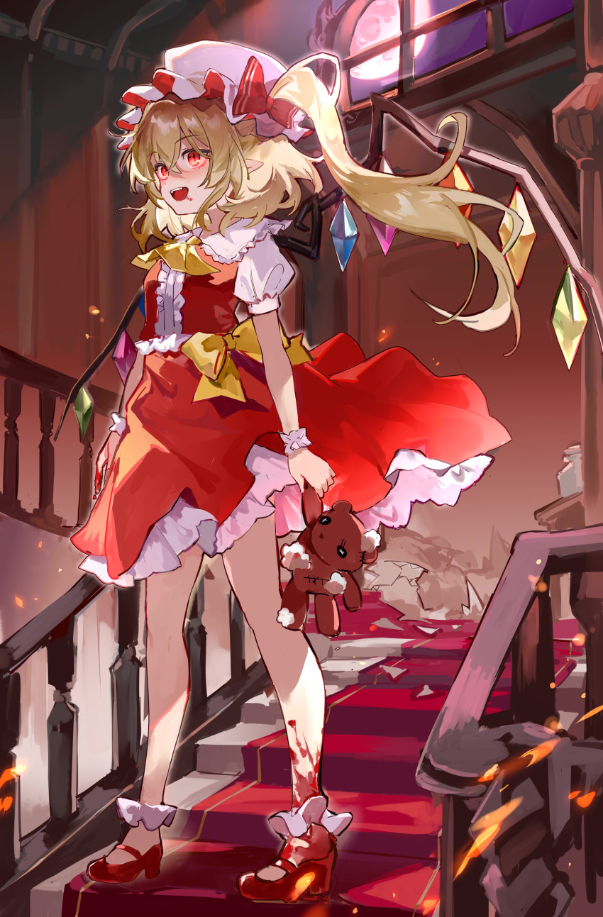 1girl absurdres ascot blonde_hair blood blood_on_face blood_on_feet blood_on_hands collared_shirt crystal flandre_scarlet full_body hair_between_eyes hat highres holding holding_stuffed_toy indoors karasu_btk long_hair mob_cap one_side_up open_mouth red_eyes red_footwear red_skirt red_vest shirt shoes short_sleeves skirt solo stuffed_animal stuffed_toy teddy_bear touhou vest white_headwear white_shirt wings yellow_ascot