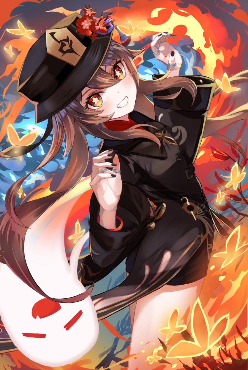 1girl absurdres black_coat black_headwear black_nails boo_tao_(genshin_impact) bright_pupils brown_hair coat flower flower-shaped_pupils genshin_impact ghost_pose grin hat hat_flower highres hu_tao_(genshin_impact) jewelry long_hair long_sleeves looking_at_viewer multiple_rings nail_polish porkpie_hat red_eyes red_shirt ring shirt smile solo symbol-shaped_pupils twintails white_pupils yellow_takano