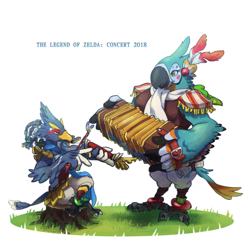 2boys accordion animal_feet anklet beak bird_boy bird_legs bird_tail blue_fur blue_hair blue_scarf blush_stickers body_fur bow_(music) braid claws closed_mouth commentary_request copyright_name crossed_legs dated english_text feather_hair_ornament feathers full_body furry furry_male grass green_eyes hair_ornament hair_tie half-closed_eyes hands_up happy highres holding holding_instrument instrument jewelry kass leg_warmers looking_at_another male_focus multiple_boys music open_mouth outdoors playing_instrument red_feathers revali rito scarf scroll short_hair shoulder_pads simple_background sitting smile standing tail the_legend_of_zelda the_legend_of_zelda:_breath_of_the_wild tree_stump two-tone_fur ukata violin white_background white_fur