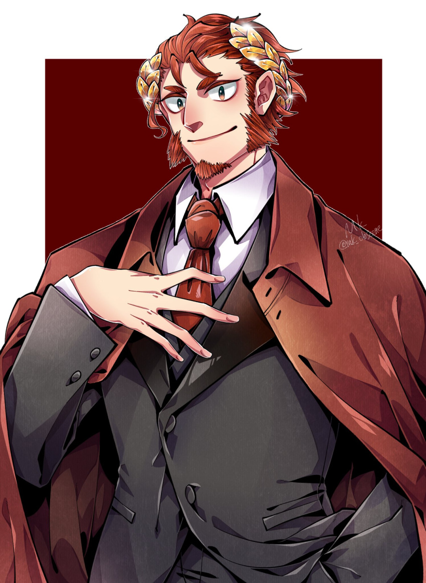 1boy black_suit border claude_(housamo) closed_mouth coat coat_on_shoulders collared_shirt commentary dress_shirt facial_hair formal goatee hand_in_pocket hand_on_own_chest hand_up highres laurel_crown long_sideburns male_focus mk_mk necktie outside_border red_background red_coat red_necktie redhead shirt short_hair sideburns signature simple_background smile solo sparkle suit thick_eyebrows tokyo_afterschool_summoners twitter_username upper_body white_border white_shirt