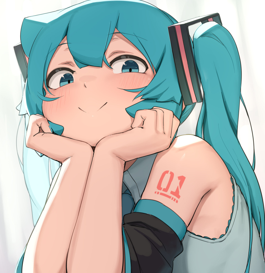 1girl :&gt; abmayo bare_shoulders blush detached_sleeves green_eyes grey_shirt hair_between_eyes hair_ornament hands_on_own_chin hatsune_miku head_rest highres long_hair looking_at_viewer necktie number_tattoo revision shiny_skin shirt shoulder_tattoo simple_background smile solo tattoo twintails upper_body vocaloid white_background