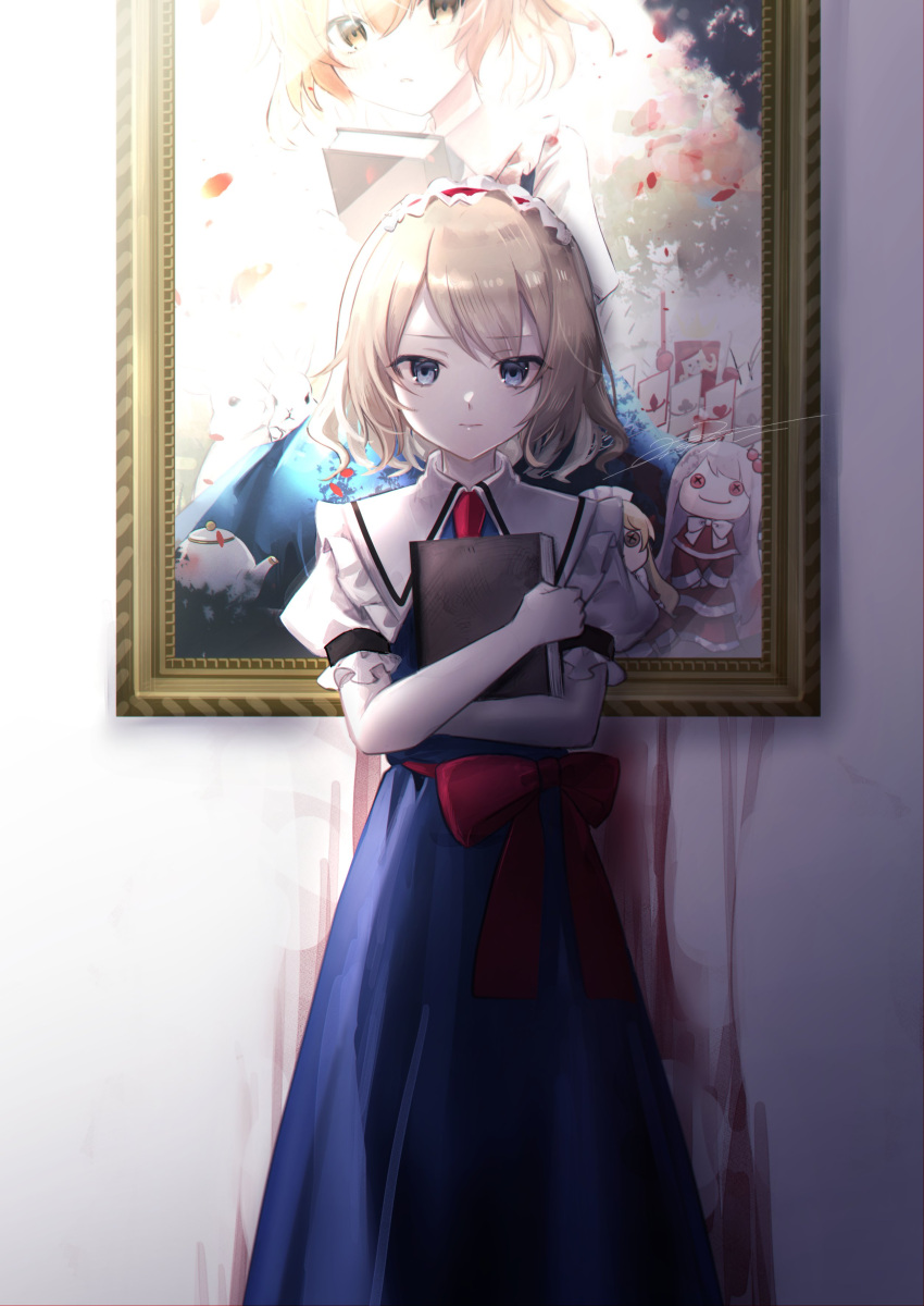 1girl absurdres alice_margatroid alice_margatroid_(pc-98) blonde_hair blue_dress blue_eyes book closed_mouth dress frilled_sleeves frills grimoire_of_alice hairband highres holding holding_book lolita_hairband looking_at_viewer picture_(object) puffy_short_sleeves puffy_sleeves red_hairband rokuya_(68_zusao) shinki_(touhou) short_hair short_sleeves signature solo touhou touhou_(pc-98) yumeko_(touhou)