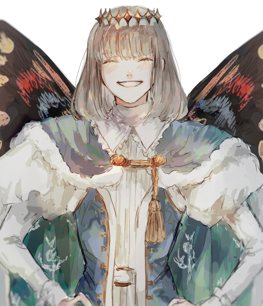 1boy absurdres arthropod_boy blue_cloak blue_dress blush butterfly_wings cloak closed_eyes crown diamond_hairband dress fate/grand_order fate_(series) fur-trimmed_cloak fur_trim grey_hair hands_on_own_hips highres insect_wings long_sleeves male_focus medium_hair oberon_(fate) simple_background smile solo straight-on upper_body white_background wings y!_(y83_oishi)