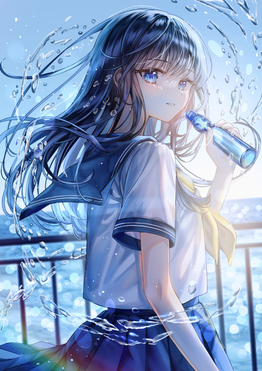 1girl black_hair blue_eyes blue_sailor_collar blue_skirt blurry blurry_background bottle commentary cowboy_shot floating_hair highres holding holding_bottle lens_flare long_hair looking_at_viewer looking_back neckerchief original outdoors parted_lips pleated_skirt ramune sailor_collar sakura_(39ra) school_uniform serafuku shirt short_sleeves sidelocks skirt solo symbol-only_commentary water_drop white_serafuku white_shirt yellow_neckerchief