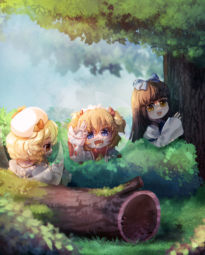 3girls :d absurdres blonde_hair blue_bow blue_eyes bow brown_eyes brown_hair bush clouds commentary dungeon_toaster english_commentary fairy_wings fang hair_bow hat headdress highres log long_hair long_sleeves looking_at_viewer luna_child mob_cap multiple_girls open_mouth orange_hair outdoors red_eyes short_hair smile star_sapphire sunny_milk touhou tree two_side_up white_headwear wings