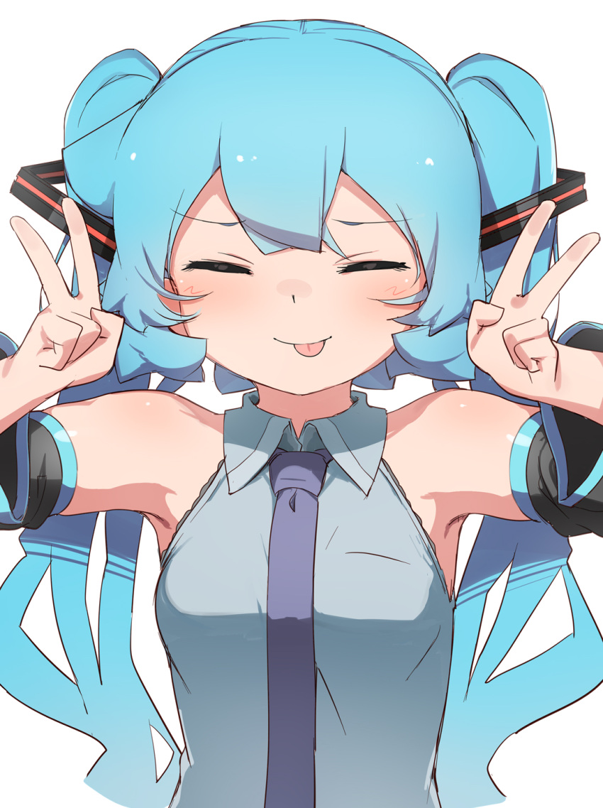 1girl :p abmayo bare_shoulders black_sleeves blush breasts closed_eyes collared_shirt detached_sleeves double_v facing_viewer green_hair green_necktie grey_shirt hair_ornament hands_up hatsune_miku highres long_hair medium_breasts necktie shiny_skin shirt simple_background solo tongue tongue_out twintails two-tone_sleeves v vocaloid white_background