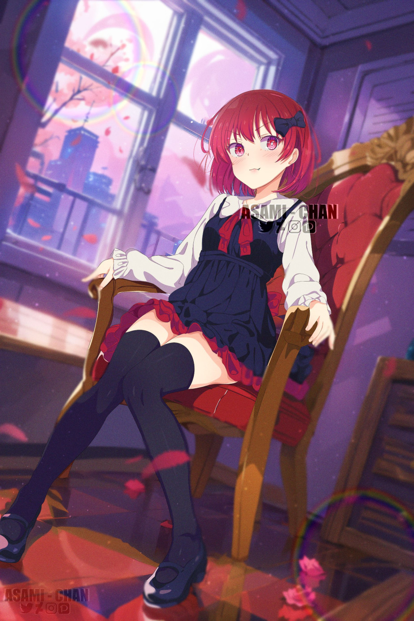 1girl absurdres arima_kana artist_name asami-chan black_bow black_dress black_footwear black_thighhighs blurry blurry_background blush bob_cut bow chair chromatic_aberration commentary dress fang film_grain frilled_dress frilled_sleeves frills full_body hair_bow highres lens_flare light_particles long_sleeves medium_hair mismatched_pupils oshi_no_ko pinafore_dress puffy_sleeves red_eyes redhead shirt sidelocks sitting sleeveless sleeveless_dress solo star-shaped_pupils star_(symbol) symbol-shaped_pupils thigh-highs watermark white_shirt window zettai_ryouiki