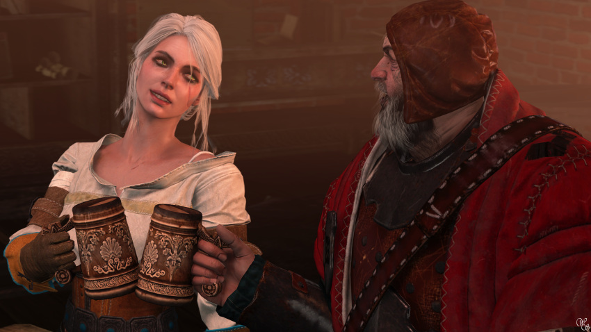 1boy 1girl absurdres baron_phillip_strenger beard beer_mug blender_(medium) ciri cup facial_hair gloves green_eyes highres leather leather_pants looking_at_another mug mustache pants scar scar_across_eye shirt short_hair smile the_witcher_(series) the_witcher_3 weebsfm white_shirt