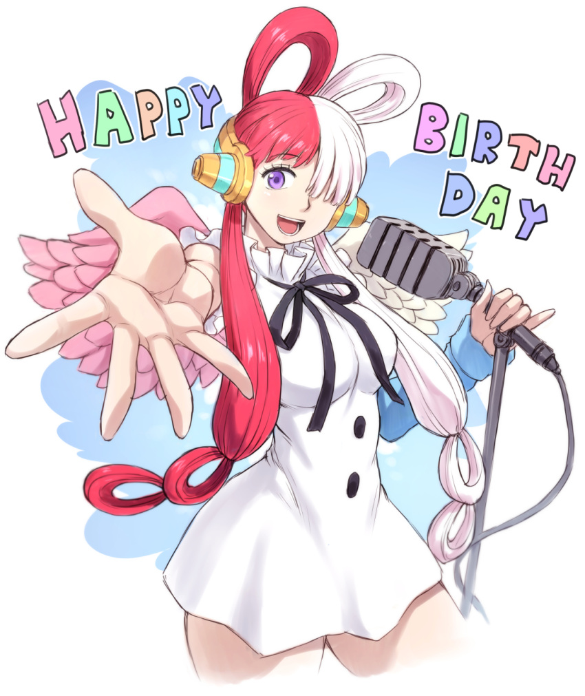 1girl 2023 black_ribbon breasts dress foreshortening happy_birthday headphones highres large_breasts long_hair looking_at_viewer microphone mogudan multicolored_hair one_piece outstretched_hand redhead ribbon simple_background smile solo solo_focus two-tone_hair uta_(one_piece) violet_eyes white_dress white_hair wings