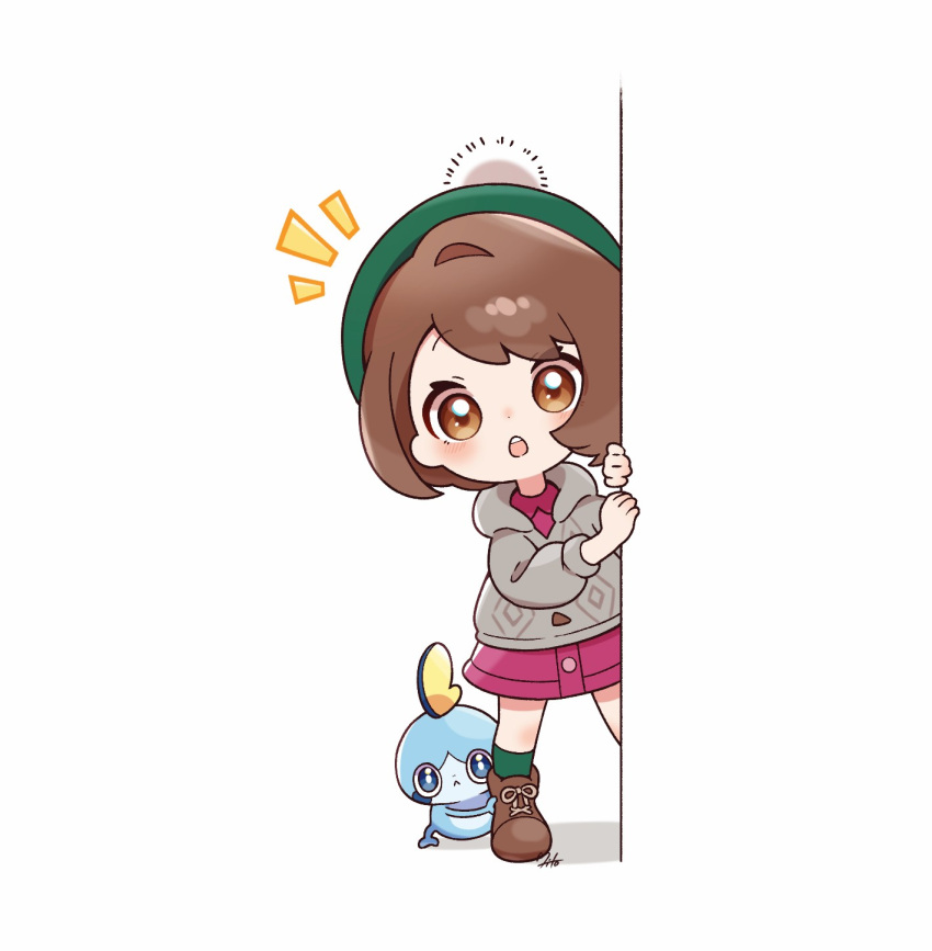 1girl boots brown_eyes brown_footwear brown_hair buttons cable_knit cardigan chibi collared_dress dress gloria_(pokemon) green_headwear green_socks grey_cardigan hat highres hooded_cardigan looking_at_viewer mito_(mtkg2884) notice_lines open_mouth peeking_out pink_dress pokemon pokemon_(creature) pokemon_(game) pokemon_swsh sobble socks standing tam_o'_shanter teeth upper_teeth_only