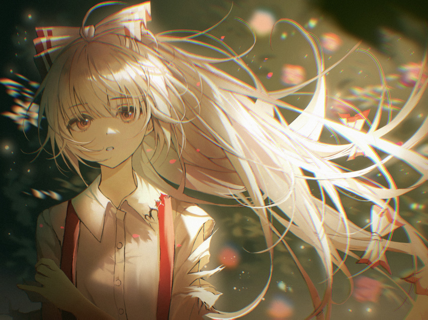 1girl ahoge bow burnt_clothes buttons collared_shirt commentary fingernails floating_hair fujiwara_no_mokou hair_between_eyes hair_bow highres holding_own_arm long_hair looking_at_viewer parted_lips ponytail red_eyes shirt suspenders torn_clothes touhou upper_body white_bow white_shirt wooyeowoo