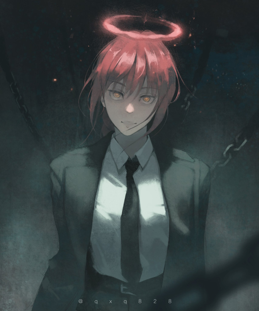 1girl black_background black_coat black_necktie chain chainsaw_man coat collared_coat facing_viewer formal halo highres looking_at_viewer makima_(chainsaw_man) necktie orange_eyes parted_lips qxq_illus redhead solo suit twitter_username upper_body