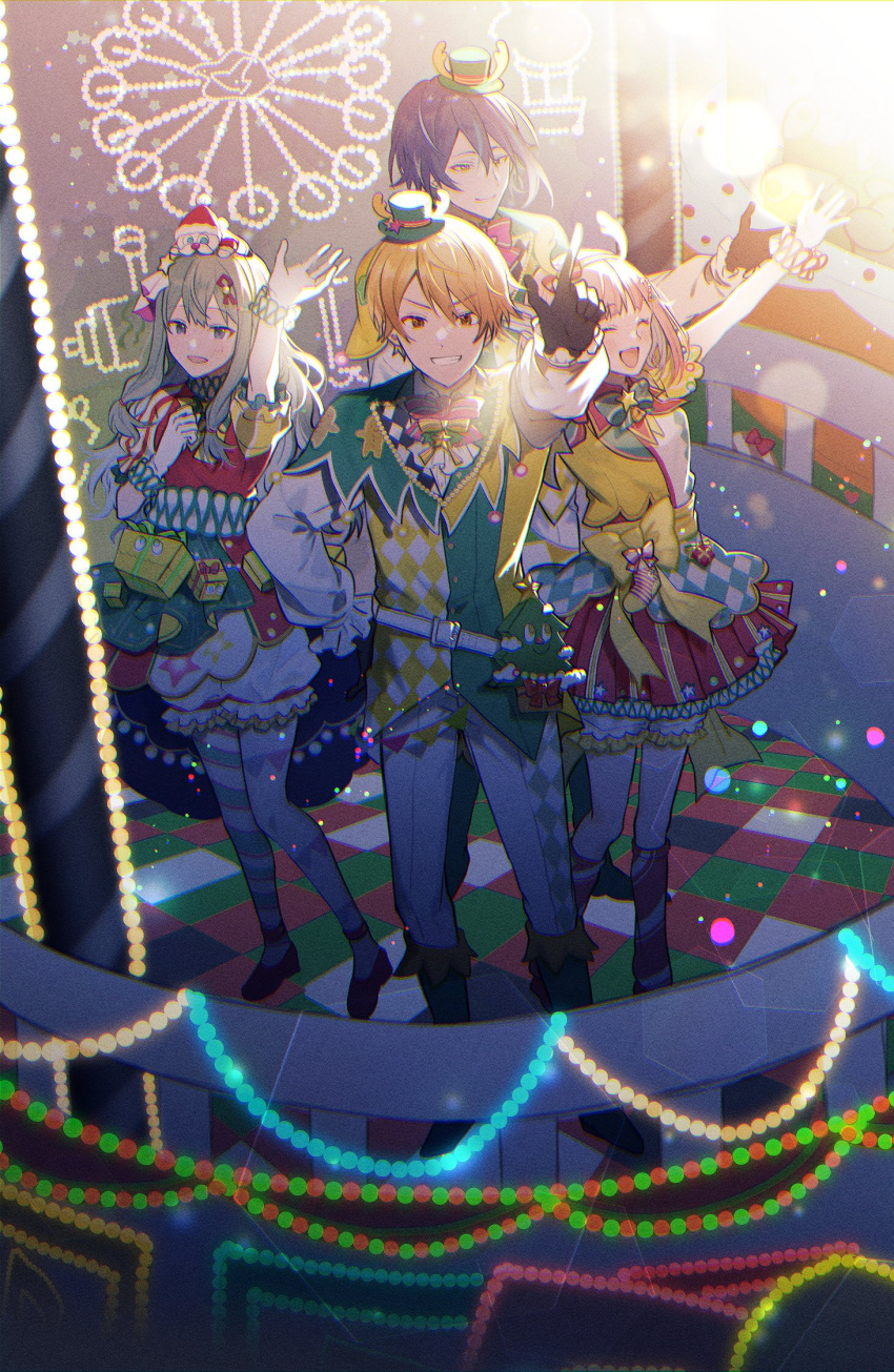 2boys 2girls aqua_hair black_gloves blonde_hair blunt_bangs boots bow bowtie closed_eyes closed_mouth commentary_request fake_antlers gloves green_hair hair_between_eyes hat highres index_finger_raised kamishiro_rui kusanagi_nene light long_sleeves lono looking_at_viewer low_tied_sidelocks manami_(aph-23) multiple_boys multiple_girls ootori_emu open_mouth orange_eyes outstretched_arm pink_hair project_sekai short_hair short_sleeves smile standing star_(symbol) teeth tenma_tsukasa violet_eyes wonderlands_x_showtime_(project_sekai) yellow_bow yellow_eyes