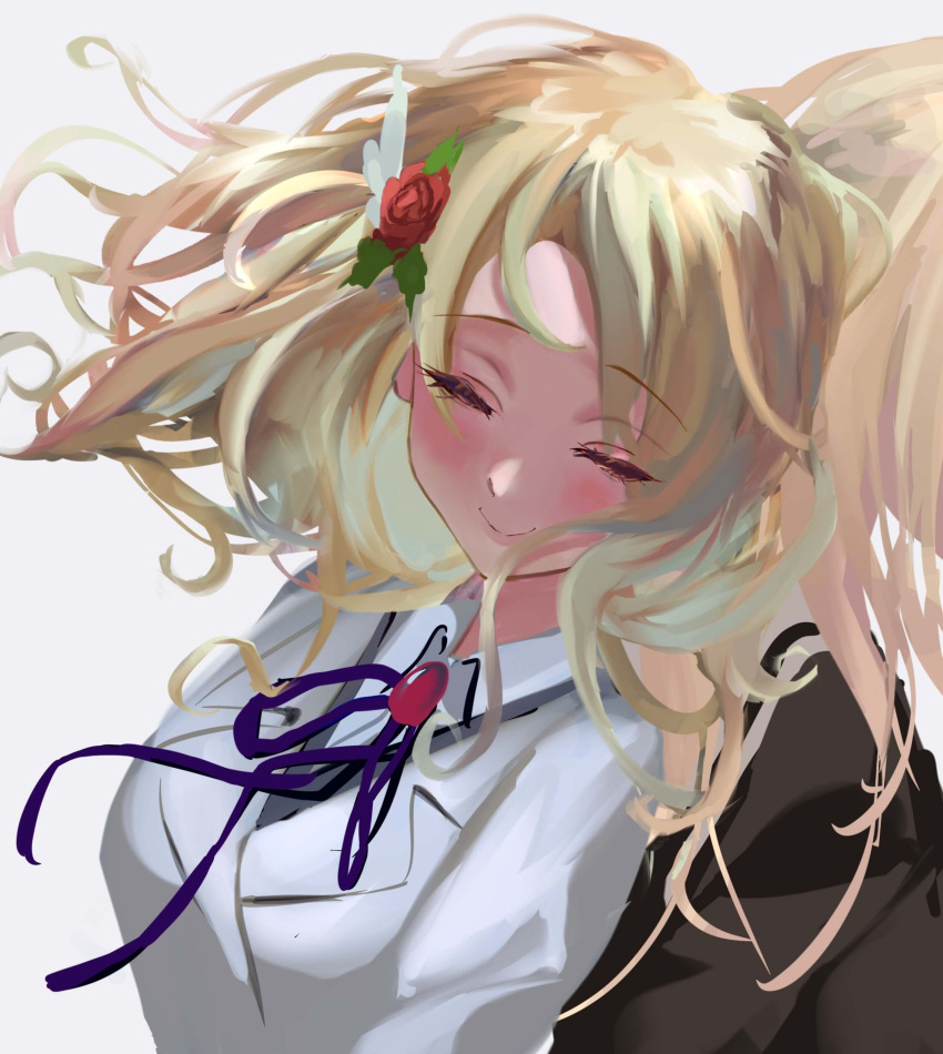 2girls absurdres arm_at_side back-to-back black_shirt blonde_hair blush breasts closed_eyes closed_mouth collared_shirt commentary_request floating_hair flower grey_background hair_flower hair_ornament heads_together highres jacket long_hair long_sleeves medium_breasts midori_usagi multiple_girls neck_ribbon purple_ribbon red_flower red_rose ribbon rinmeikan_girls_school_uniform rose sailor_collar school_uniform serafuku shirt shoujo_kageki_revue_starlight shoujo_kageki_revue_starlight_-re_live- siblings simple_background sisters smile solo_focus swept_bangs upper_body wavy_hair white_jacket white_sailor_collar yumeoji_fumi yumeoji_shiori