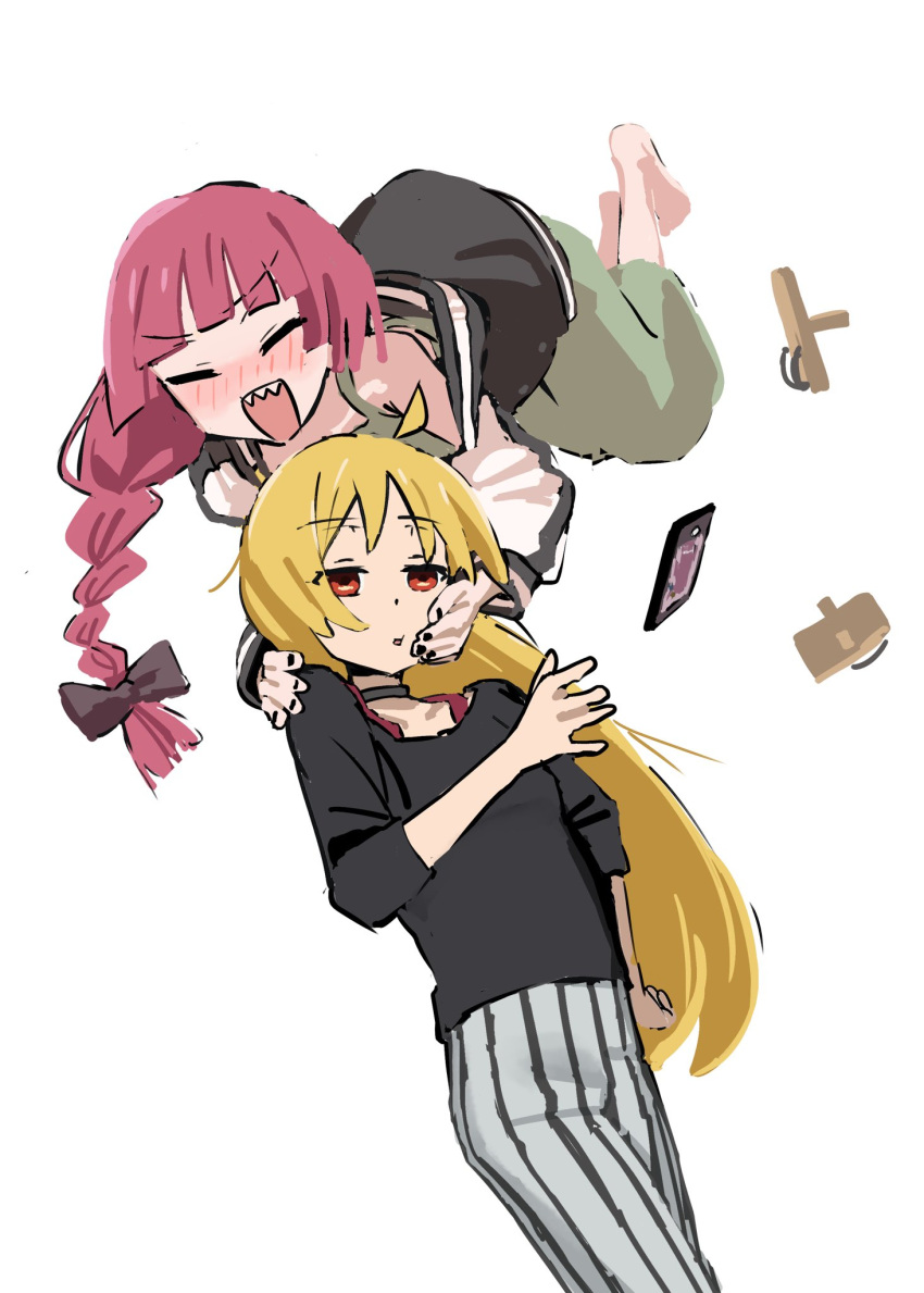 2girls :d ahoge barefoot black_bow black_choker black_nails black_shirt blonde_hair blunt_bangs blush bocchi_the_rock! bow braid cellphone choker closed_eyes dress geta glens_sou green_dress hair_bow hand_on_another's_cheek hand_on_another's_face hand_on_another's_shoulder highres hiroi_kikuri ijichi_seika jumping long_hair long_sleeves multiple_girls open_mouth pants phone purple_hair sharp_teeth shirt shoes shoes_removed simple_background single_braid smartphone smile striped striped_pants teeth vertical-striped_pants vertical_stripes