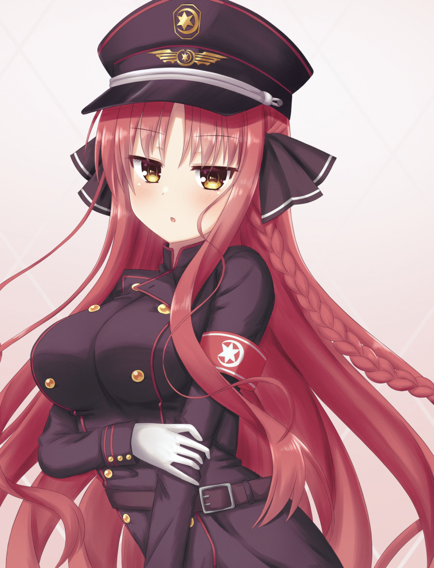 1girl belt black_headwear black_jacket black_ribbon blush braid breasts brown_belt buttons commentary dracu-riot! eyelashes eyes_visible_through_hair gloves grabbing_own_arm hair_ribbon hat highres impossible_clothes jacket large_breasts long_hair long_sleeves looking_at_viewer military military_hat military_uniform parted_bangs parted_lips peaked_cap red_armband redhead ribbon sidelocks simple_background single_braid solo star_(symbol) uniform upper_body very_long_hair wavy_hair white_background white_gloves yarai_miu yuunagi_(yunagi1373)