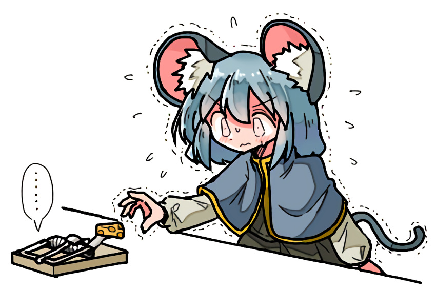 ... 1girl animal_ears arm_at_side blue_capelet capelet cheese closed_mouth commentary_request constricted_pupils flying_sweatdrops food grey_hair highres kasuya_baian mouse_ears mouse_girl mouse_tail mousetrap nazrin nervous outstretched_arm partial_commentary reaching short_hair simple_background solo speech_bubble spoken_ellipsis sweat tail touhou trembling v-shaped_eyebrows wavy_mouth white_background