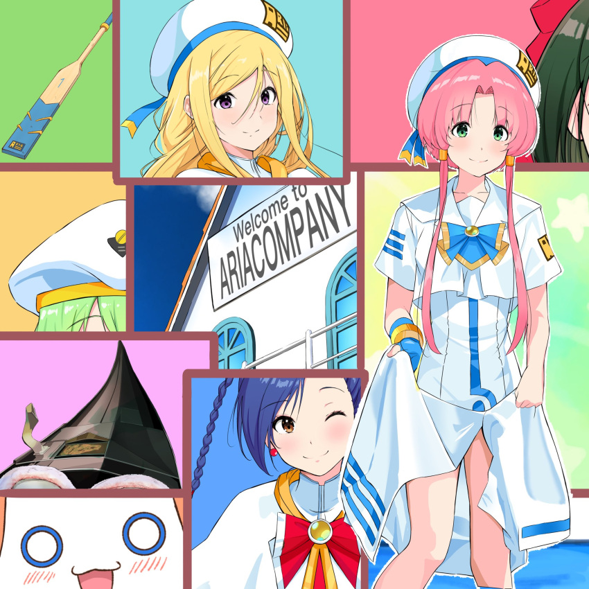 5girls ai_(aria) aika_granzchesta alice_carroll alicia_florence andanden aria aria_company_uniform aria_pokoteng blonde_hair blue_bow blue_bowtie blue_hair blue_ribbon blush bow bowtie brown_eyes closed_mouth collage dress english_text feet_out_of_frame gold_trim green_eyes green_hair hair_bow hat hat_ribbon highres himeya_company_uniform long_dress mizunashi_akari multiple_girls oar orange_planet_uniform out_of_frame parted_bangs pink_hair portrait red_bow red_bowtie ribbon sidelocks skirt_hold smile upper_body violet_eyes white_dress white_headwear