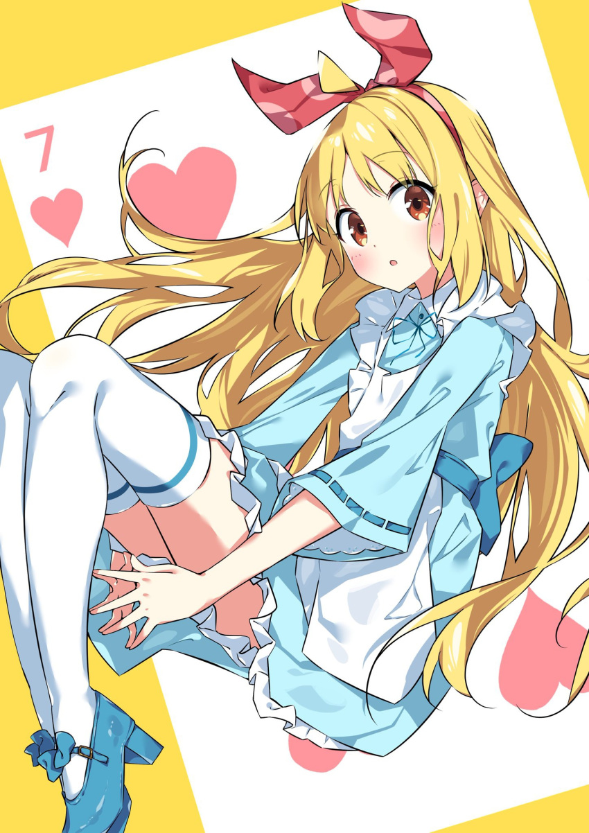 1girl :o ahoge apron blonde_hair blue_bow blue_dress blue_footwear blush bocchi_the_rock! bow brown_eyes card commentary_request dress frilled_apron frilled_dress frills hair_ribbon hairband heart high_heels highres ijichi_nijika long_hair long_sleeves looking_at_viewer parted_lips playing_card red_hairband red_ribbon ribbon ribbon-trimmed_sleeves ribbon_trim shoes solo suta0822 thigh-highs two-tone_background very_long_hair white_apron white_background white_thighhighs wide_sleeves yellow_background