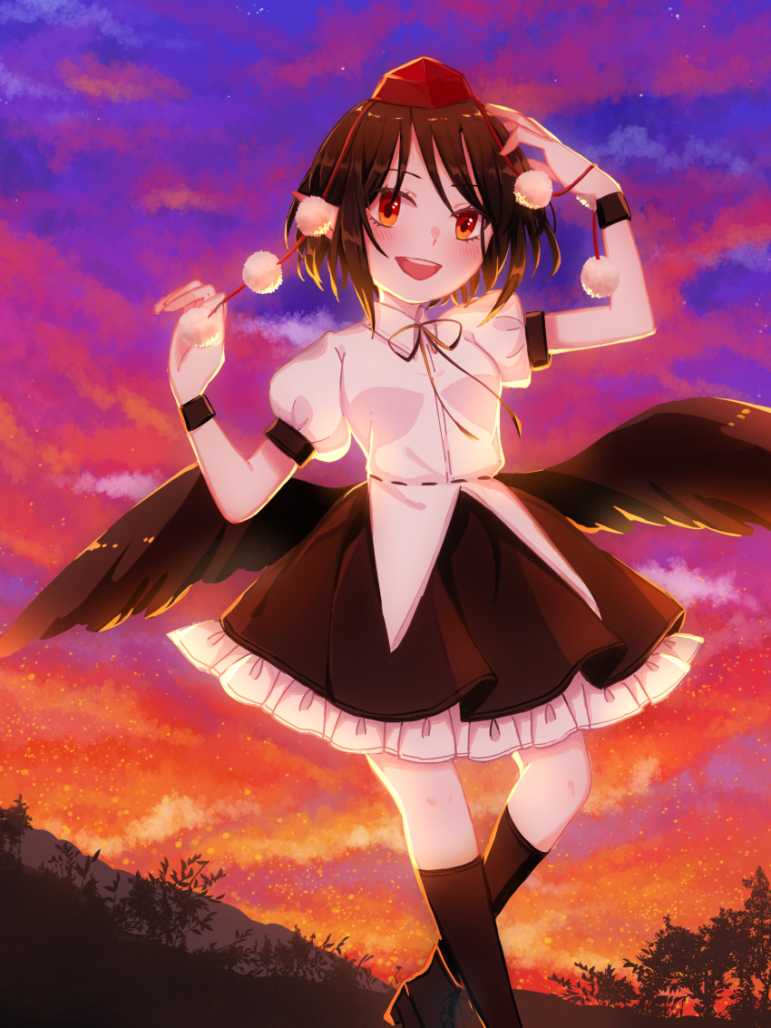 absurdres arms_up black_hair black_ribbon black_skirt black_socks black_wings black_wrist_cuffs blush collared_shirt feathered_wings frilled_skirt frills geta gradient_sky hand_on_own_head hat highres kneehighs mountain open_mouth pointy_ears pom_pom_(clothes) puffy_short_sleeves puffy_sleeves red_eyes red_headwear ribbon shameimaru_aya shirt short_hair short_sleeves skirt sky smile socks sunset teeth tengu-geta tokin_hat toraneko_2 touhou tree upper_teeth_only white_shirt wings