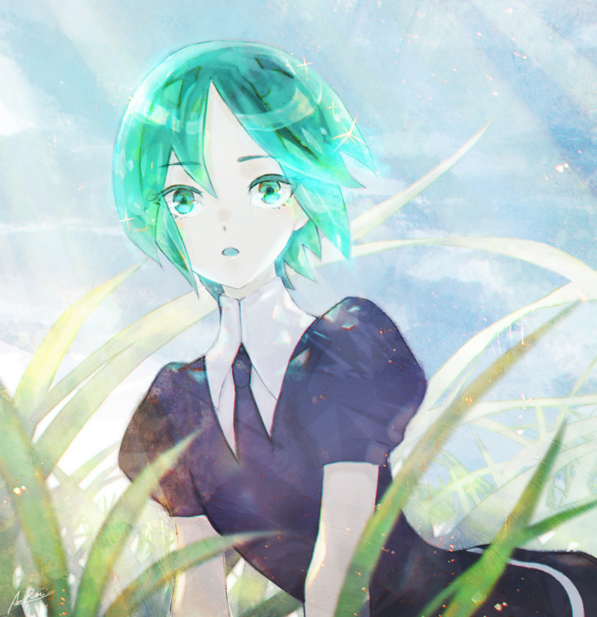 1other androgynous aqua_hair arched_back black_necktie blurry crystal_hair day depth_of_field gem_uniform_(houseki_no_kuni) grass highres houseki_no_kuni looking_at_viewer nature necktie other_focus outdoors phosphophyllite puffy_short_sleeves puffy_sleeves rei_snow_garden short_hair short_sleeves signature sky solo sparkle surprised upper_body