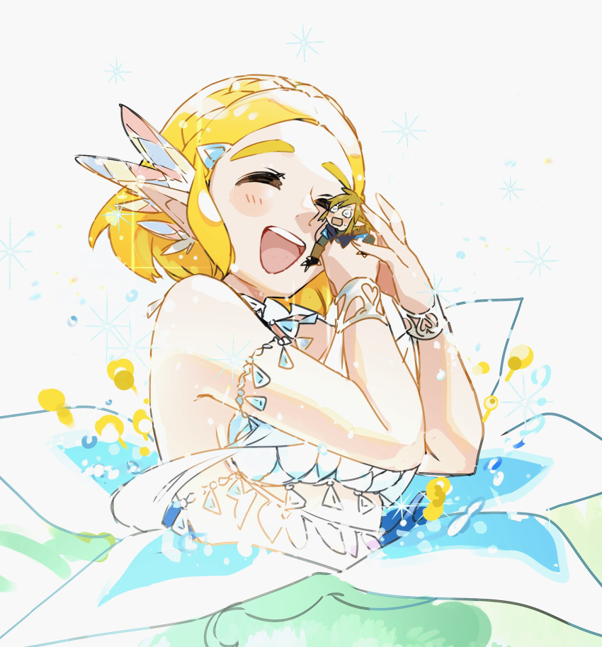 1boy 1girl armlet bikini bikini_top_only blonde_hair blush bracelet closed_eyes flower giant giantess great_fairy_(zelda) hair_ornament hands_on_own_cheeks hands_on_own_face highres jewelry link nskcizlnk open_mouth panicking pointy_ears princess_zelda screaming short_hair simple_background smile swimsuit the_legend_of_zelda the_legend_of_zelda:_breath_of_the_wild the_legend_of_zelda:_tears_of_the_kingdom